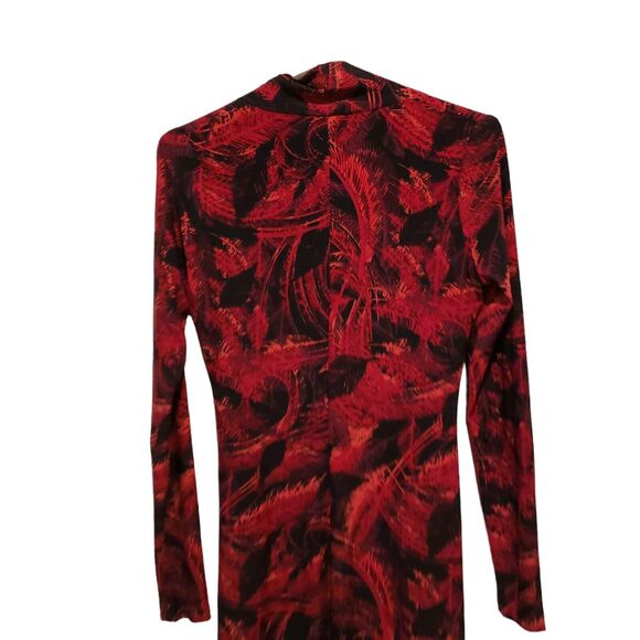 Norma Kamali Red Black Feather Print Size Small Faux Wrap Side Ruched Dress - Picture 7 of 9